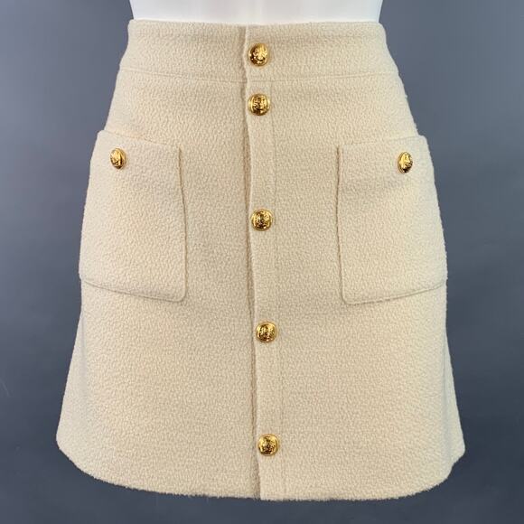 CELINE Size 8 Cream Wool Blend Boucle Two Pockets Snaps Mini Skirt - Picture 1 of 7